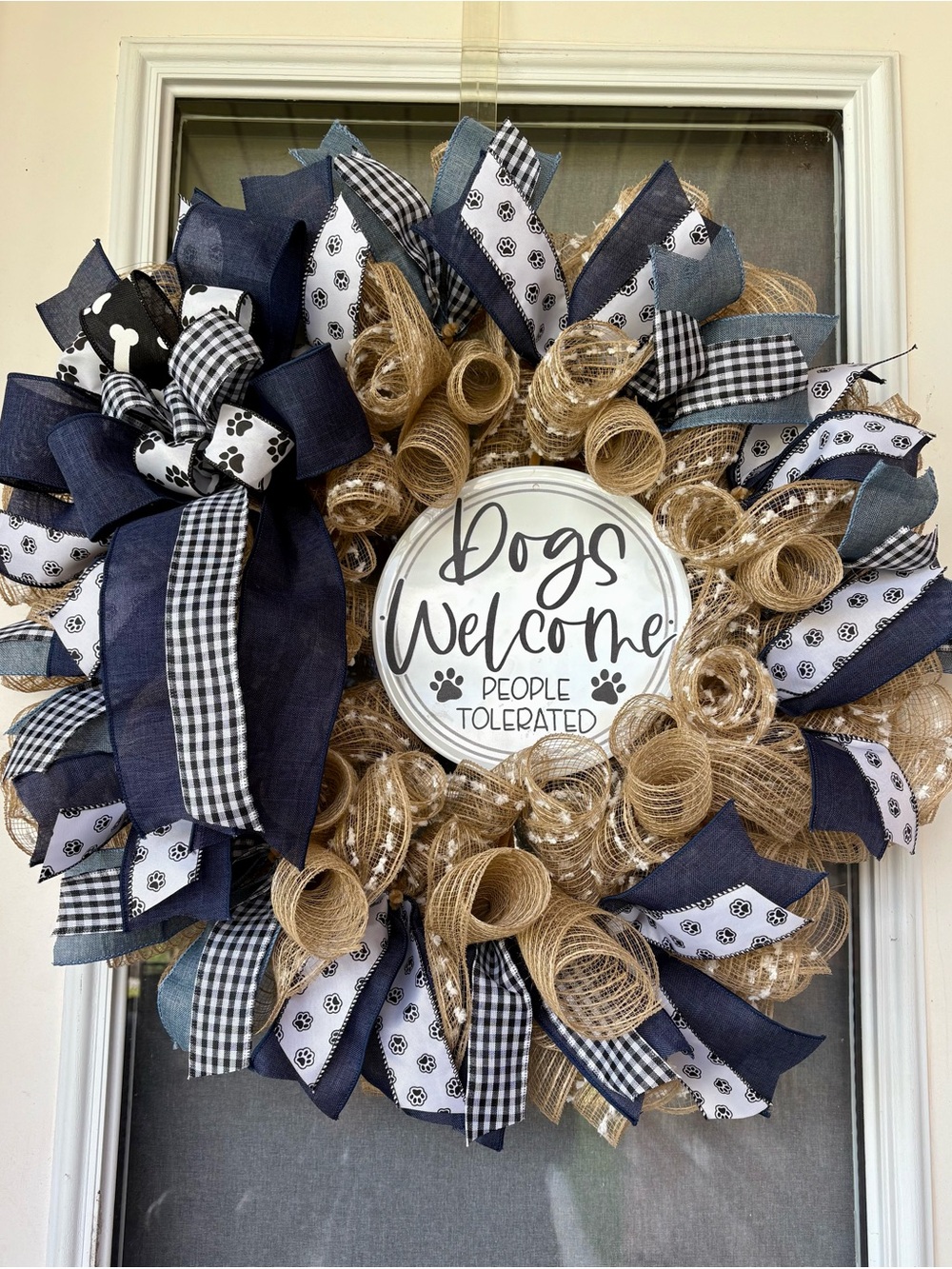 Dogs Welcome Burlap & Navy Paw Print Wreath